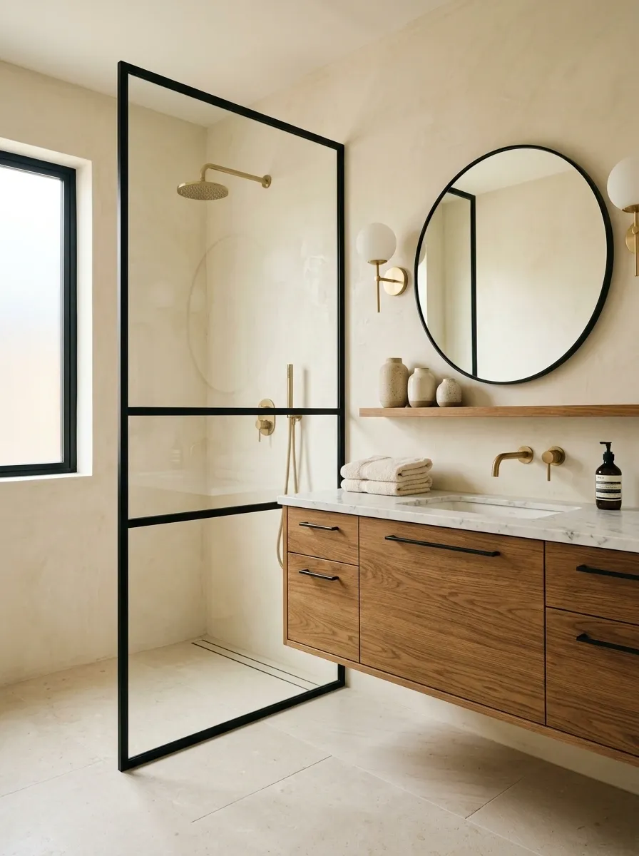 Soft Cream Bathroom With Black Framing and Gold Fixtures