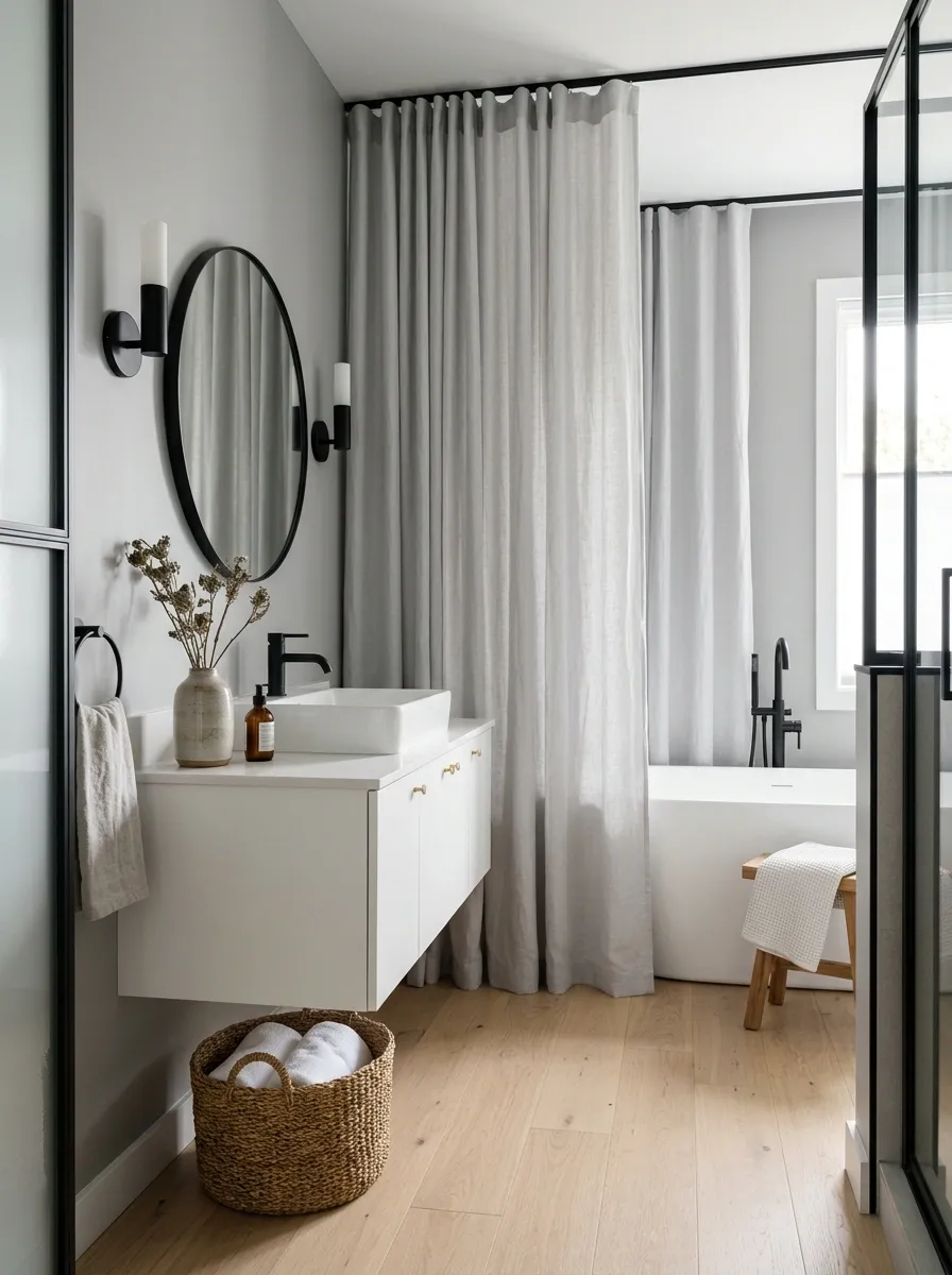 Soft Gray Bathroom With Floor-to-Ceiling Curtain and Floating Vanity