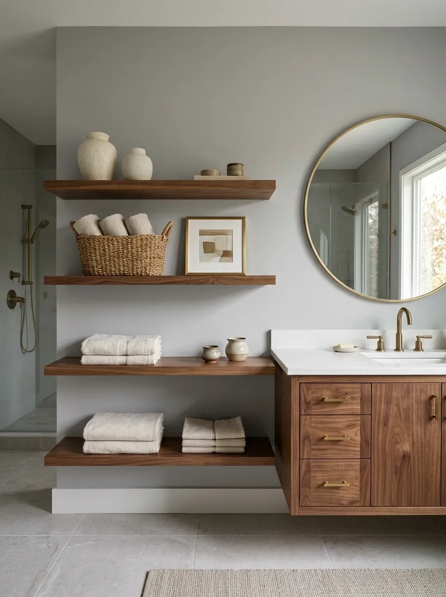 Soft Gray Bathroom With Natural Walnut and Linen