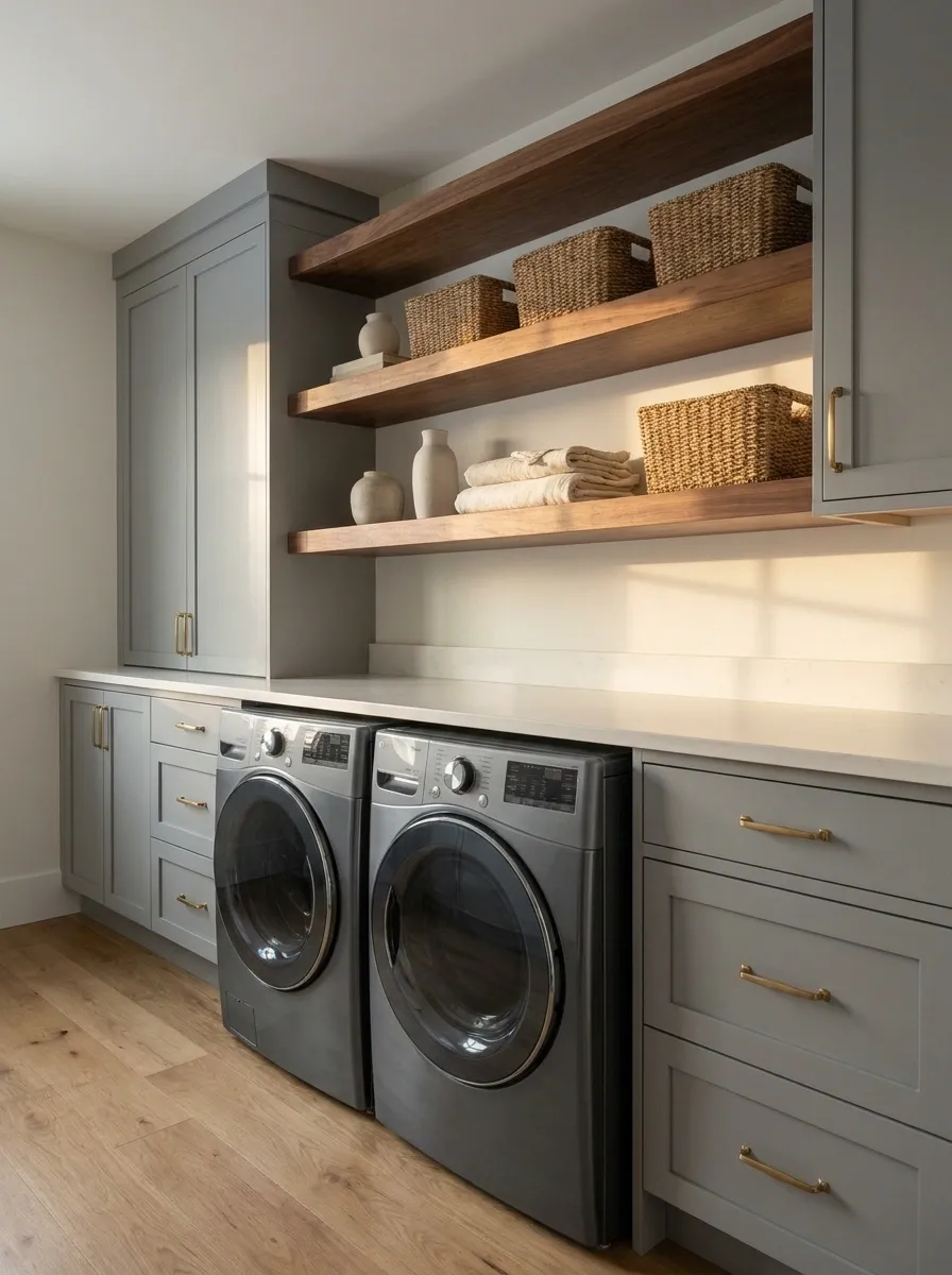 Soft Gray Laundry Room With Walnut Floating Shelves