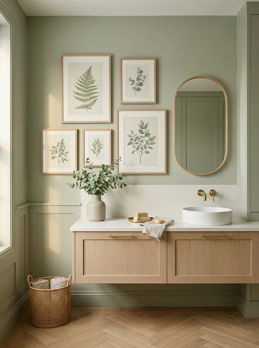 Soft Green Bathroom With Botanical Wall Composition