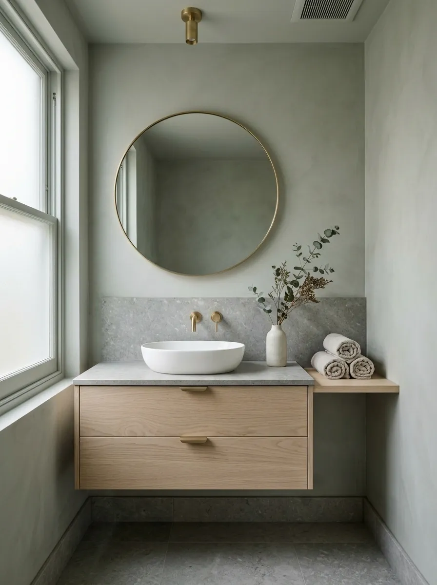 Soft Green-Gray Bathroom With Honed Stone and Pale Oak