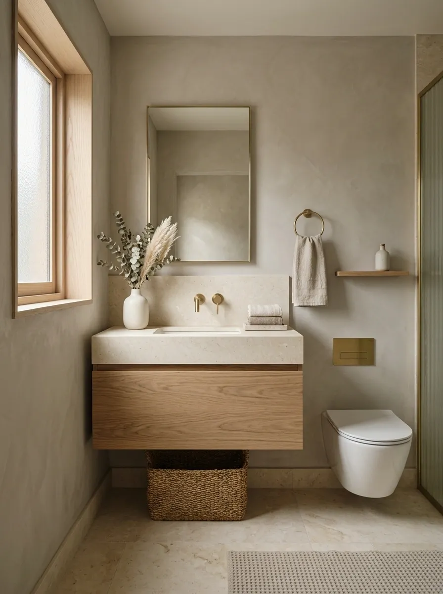 Soft Greige Bathroom With Warm Oak and Cream Stone