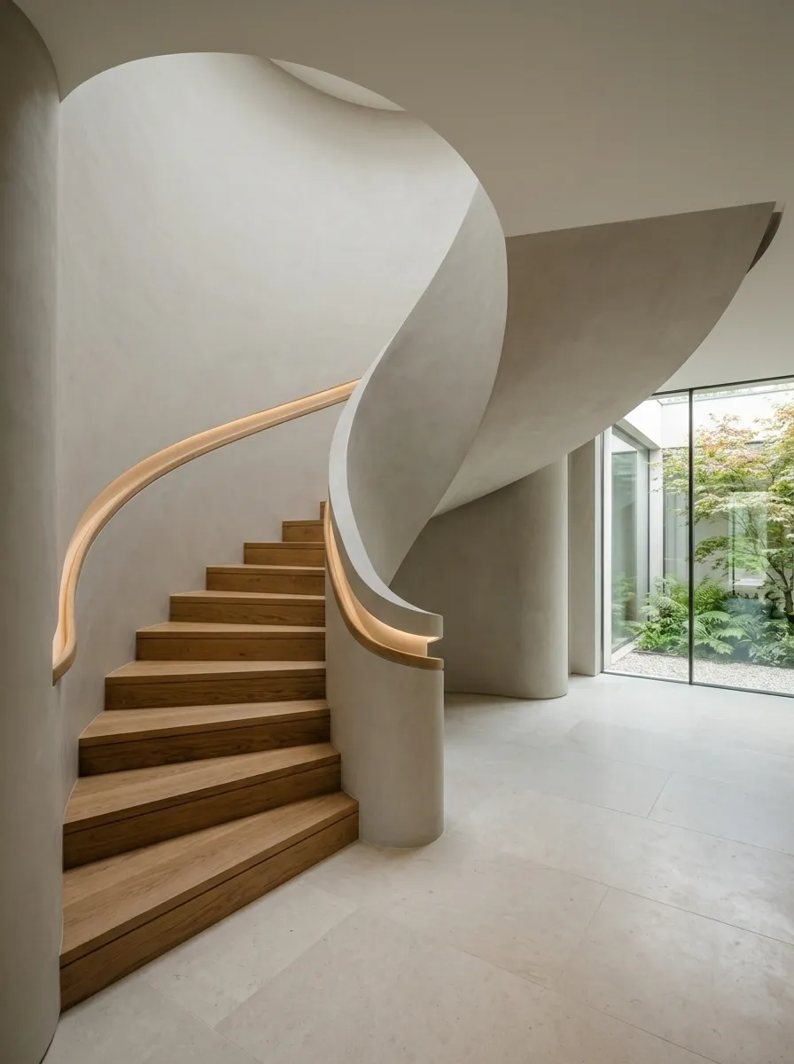 Soft Greige Staircase With Curved Plaster Wall