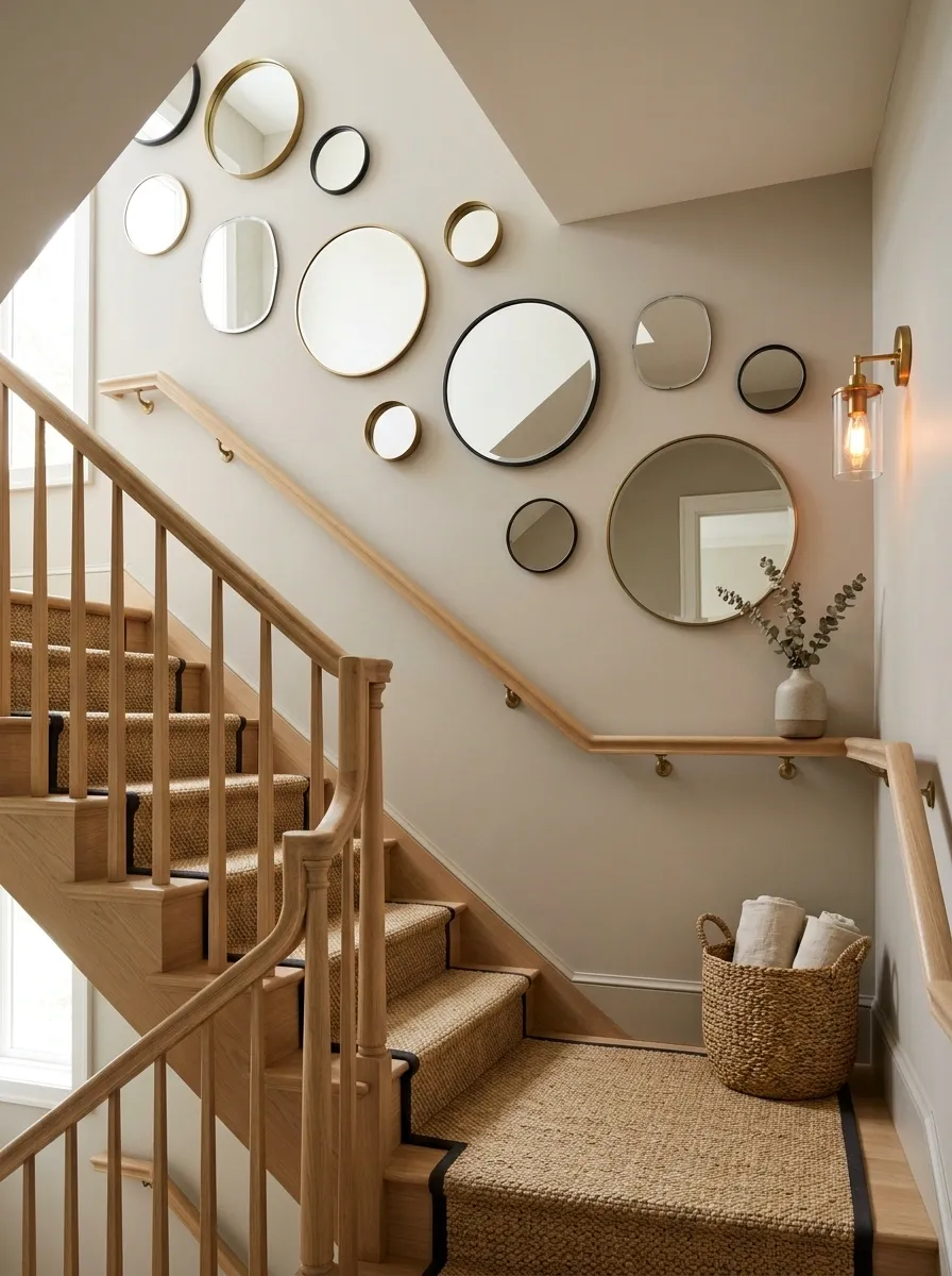 Soft Greige Staircase With Layered Circular Mirrors