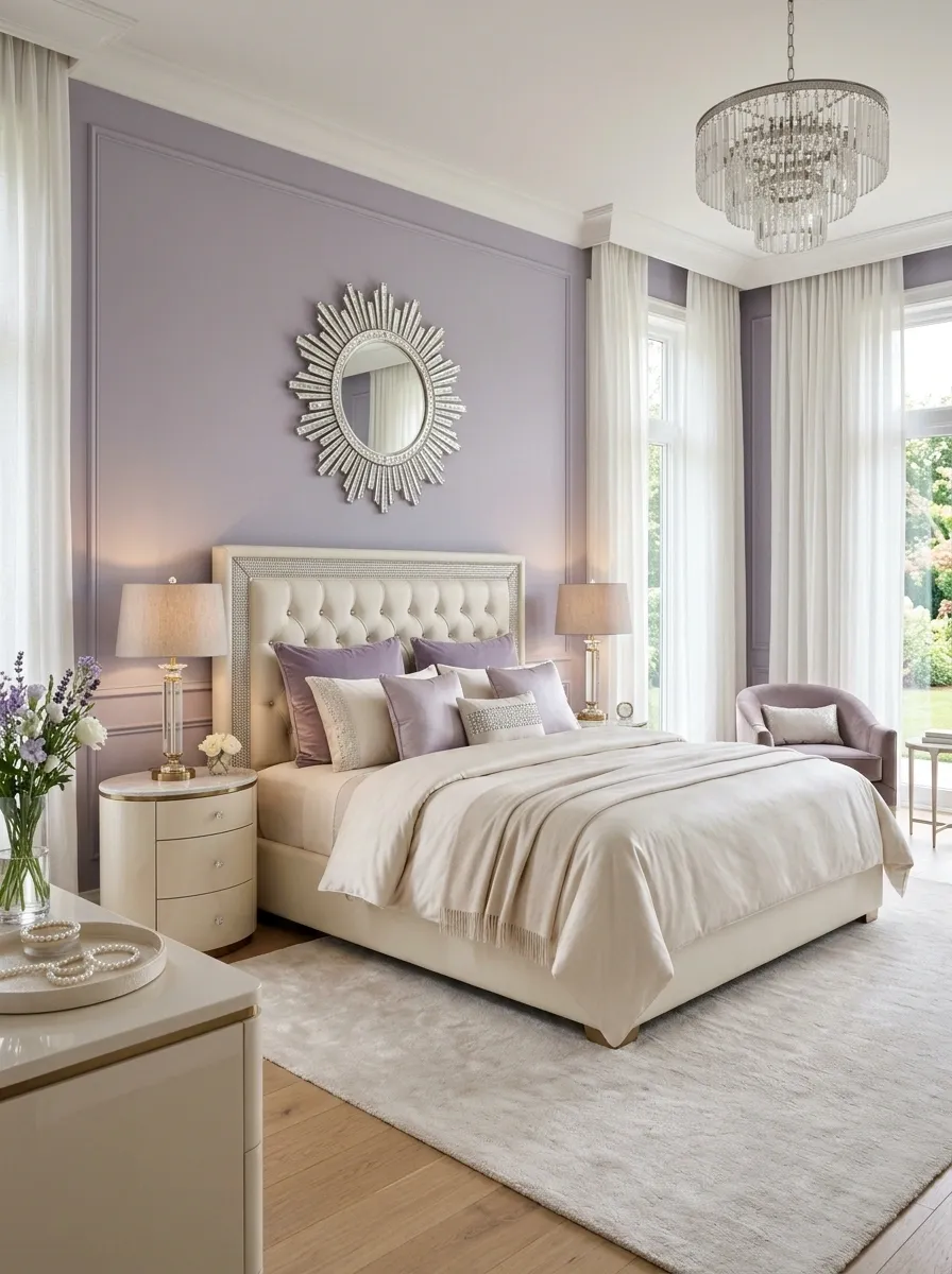 Soft Lavender Bedroom With a Rhinestone Upholstered Headboard