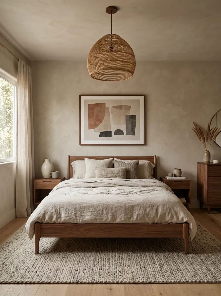 Soft Minimal Mid-Century Bedroom With Mushroom Walls