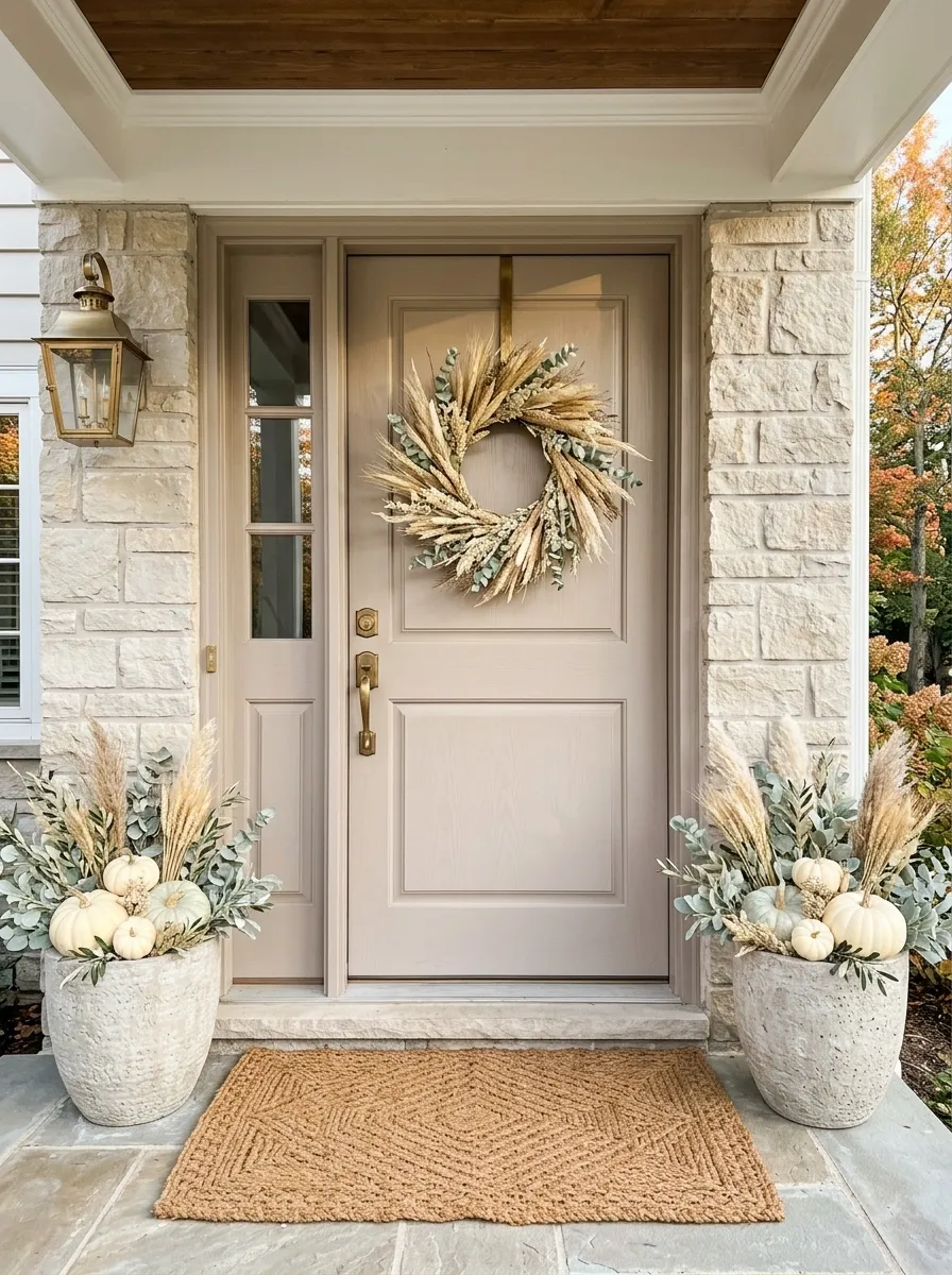 Soft Neutral Fall Door With Wheat and Cream Pumpkins