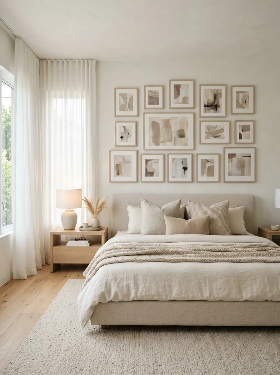 Soft Neutral Gallery Wall Above a Bed