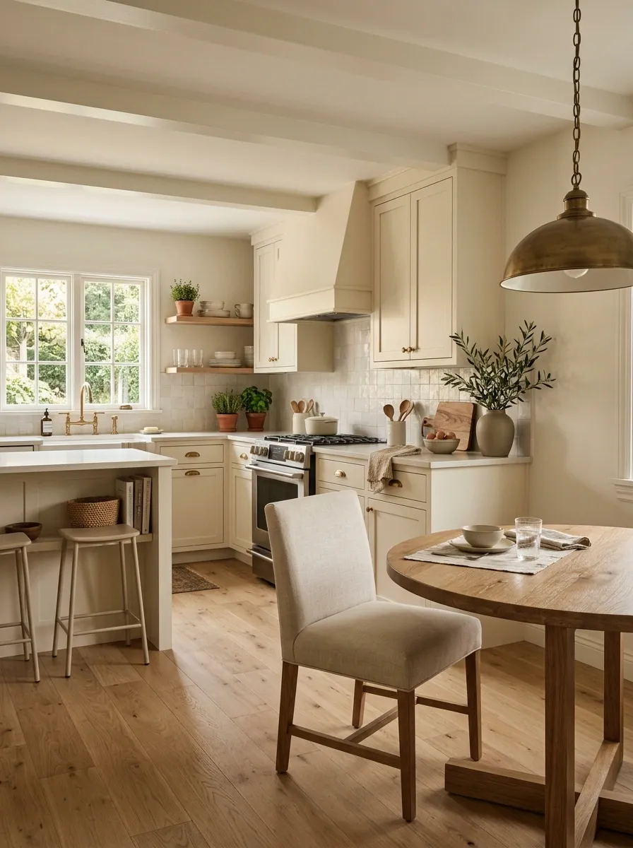 Soft Neutral Kitchen Flowing Into a Small Dining Room