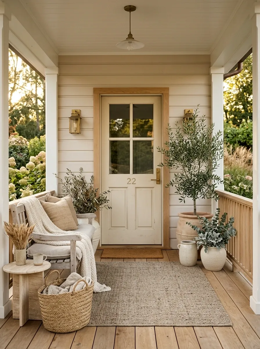 Soft Neutral Porch With Dusty Green and Cream Planters