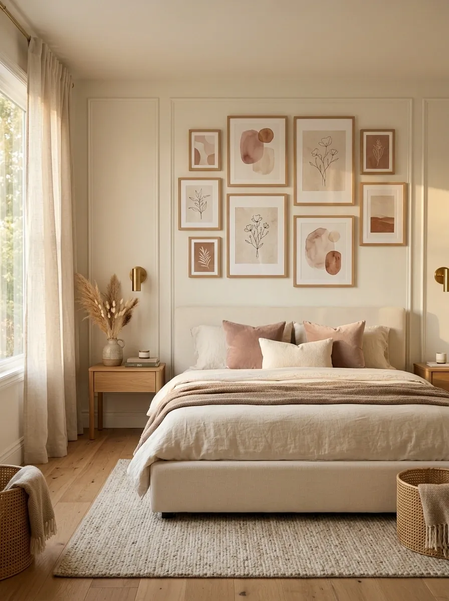 Soft Pink and Terracotta Gallery Wall in a Bedroom