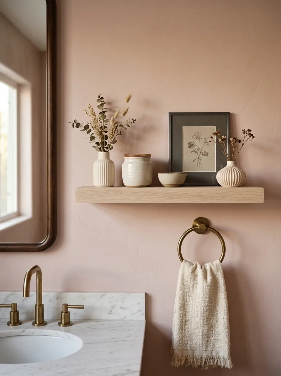 Soft Pink Bathroom With Aged Brass and Cream Decor