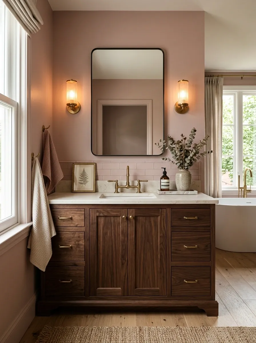Soft Pink Bathroom With Dark Wood Contrast