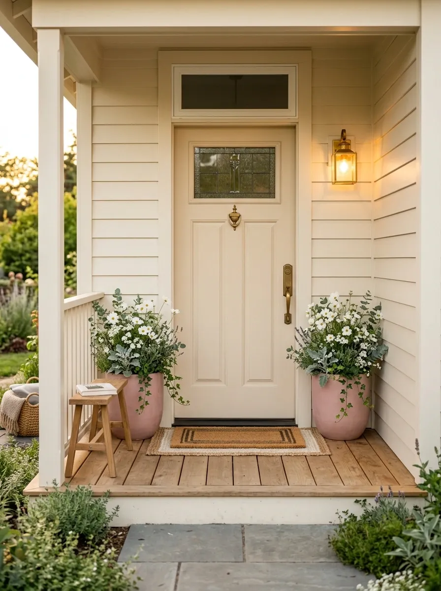 Soft Pink Pots With Green and White Planting