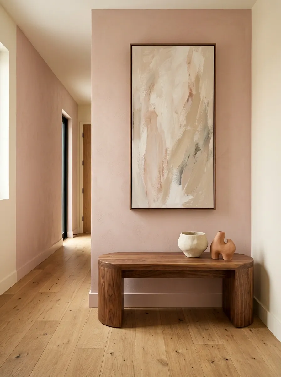 Soft Pink Wall With Curved Walnut Bench and Ceramic Art