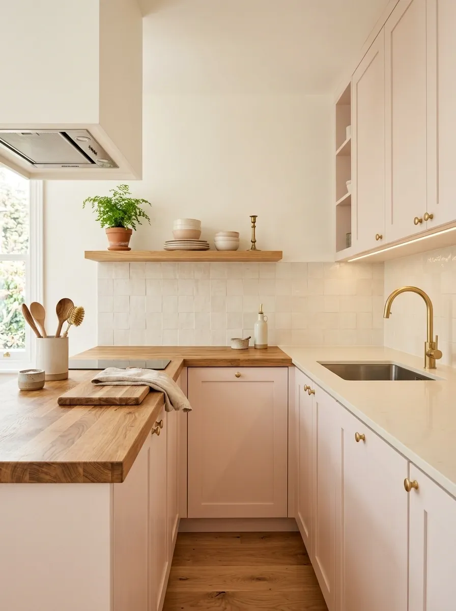 Soft Pink-White Kitchen With a Butcher-Block Work Zone
