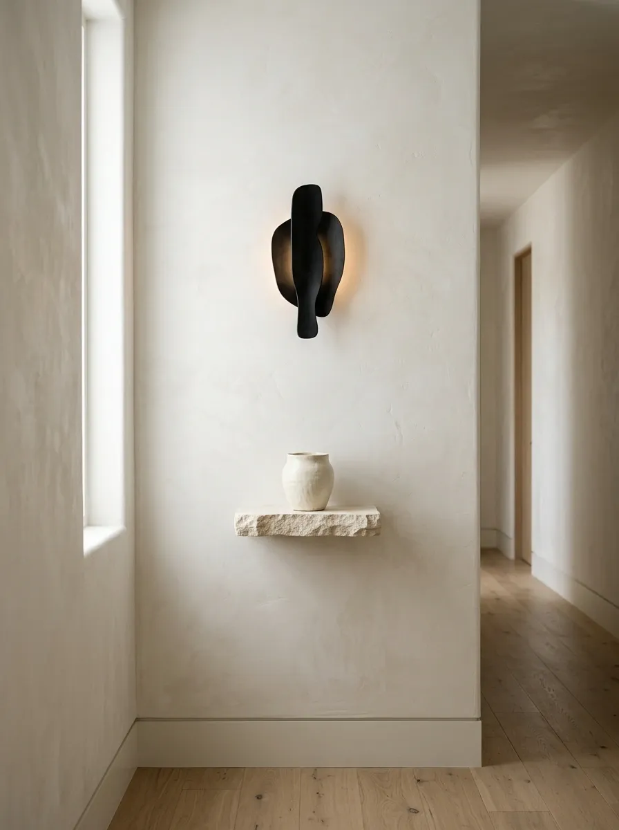 Soft Plaster Wall With One Dark Sculptural Sconce