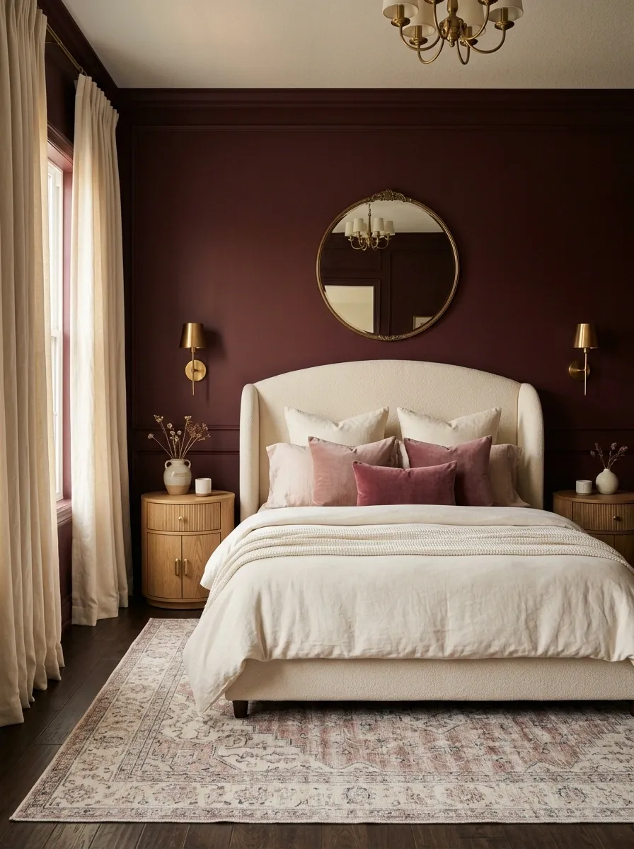 Soft Romantic Burgundy Bedroom With Dusty Rose