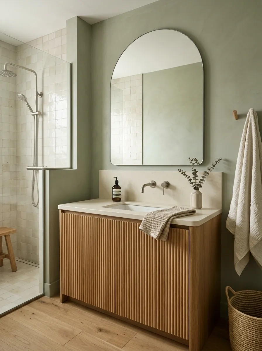 Soft Sage Green Bathroom With Fluted Oak Vanity