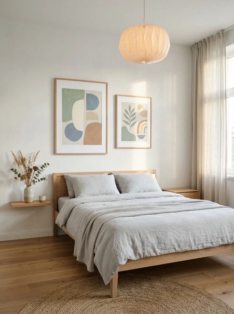 Soft Scandinavian Bedroom With Pastel Art Pairing