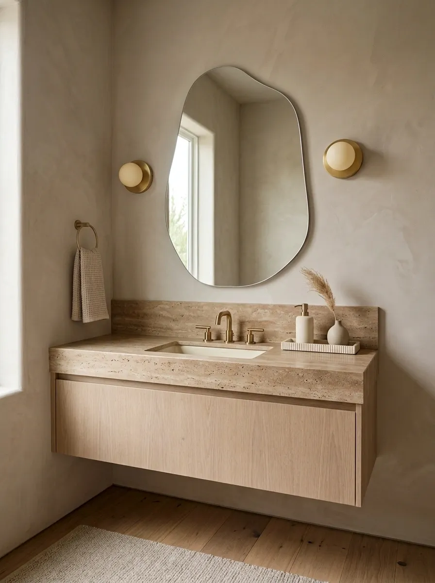 Soft Taupe Bathroom With Travertine and Rounded Forms