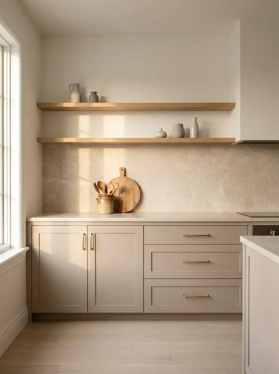 Soft Taupe Kitchen With a Full-Height Backsplash and Floating Shelves
