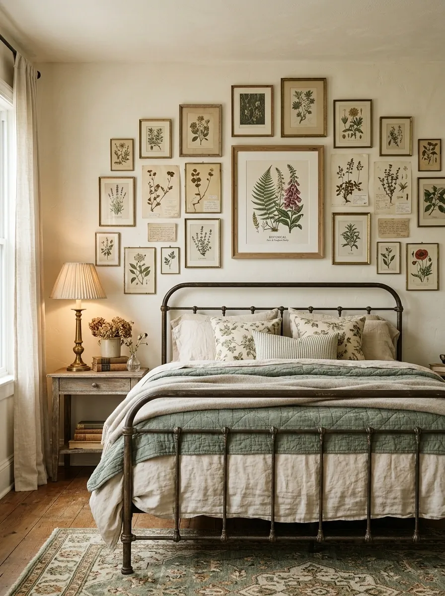 Soft Vintage Bedroom With Mismatched Botanical Frames
