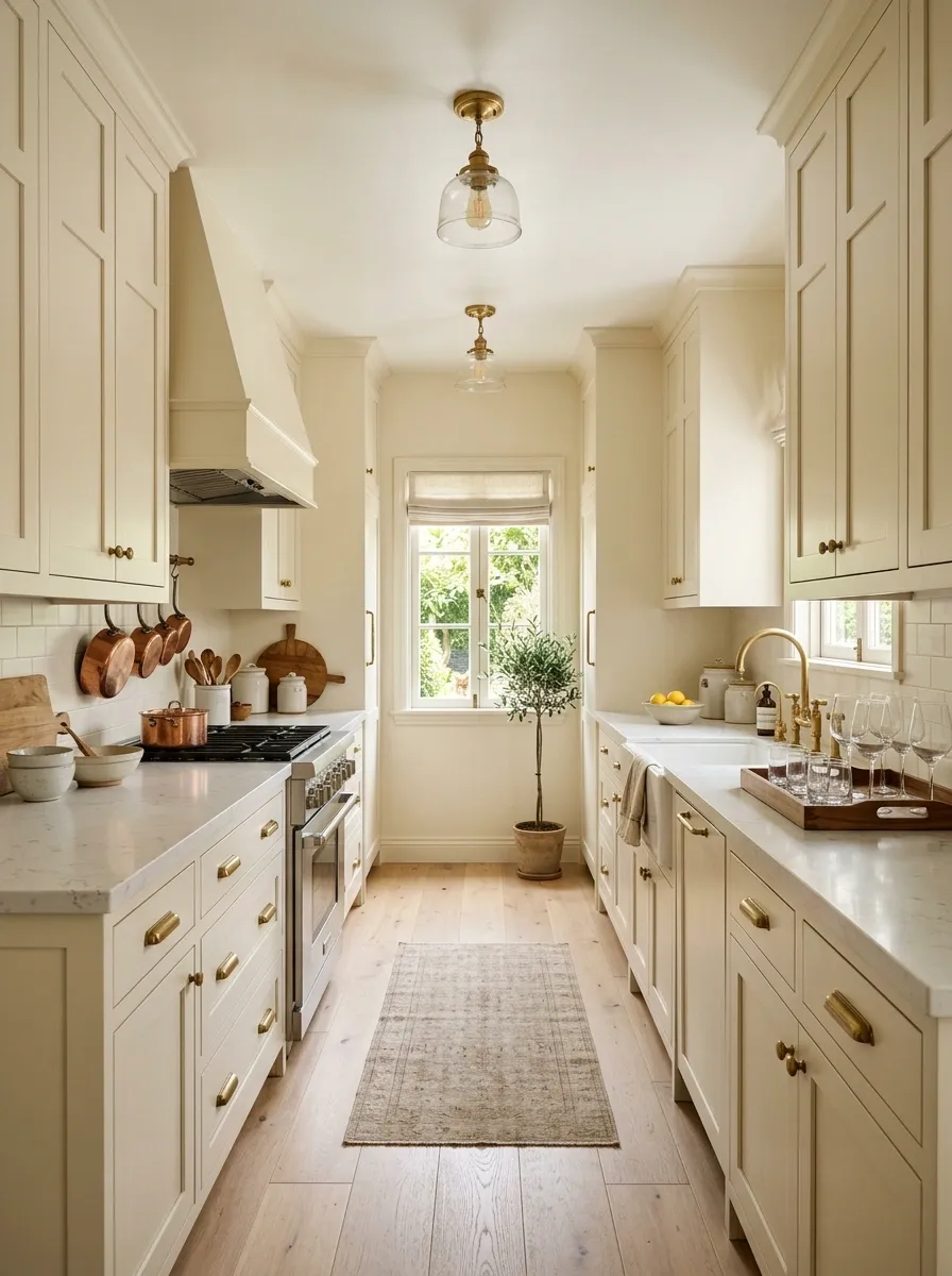 Soft White Galley Kitchen With Vintage Lighting