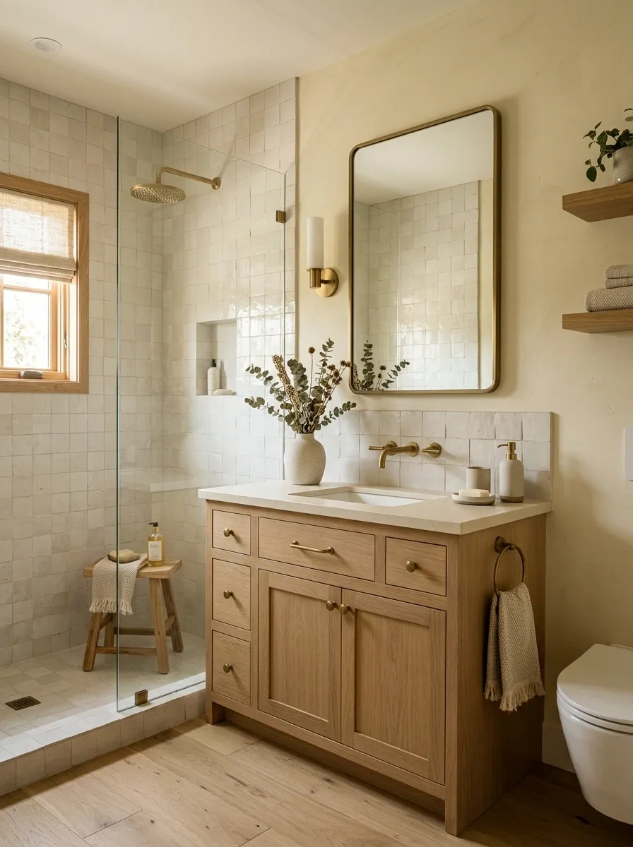 Soft Yellow Bathroom With White Oak and Handmade Tile