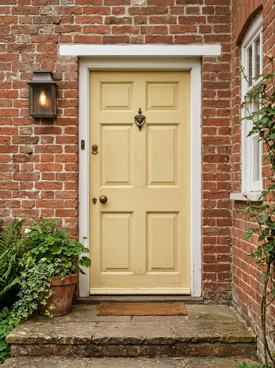 Soft Yellow Door With Old Brick and Greenery