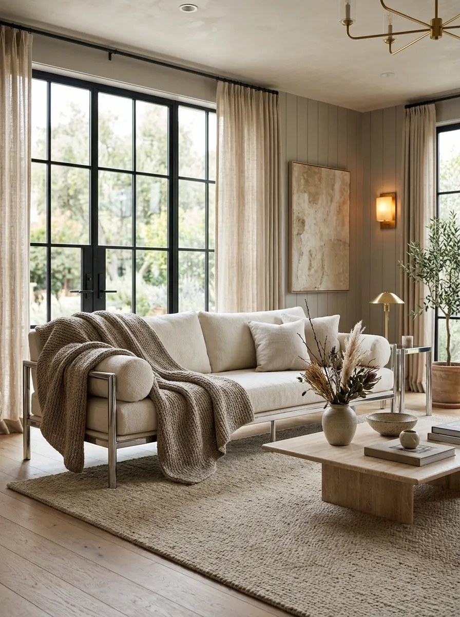 Soften a Chrome Sofa With Oversized Textiles