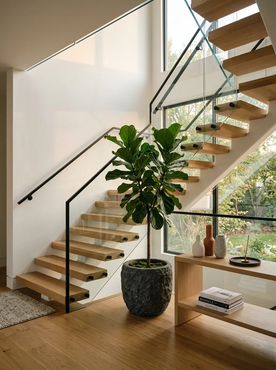 Soften a Hard Staircase With One Oversized Plant