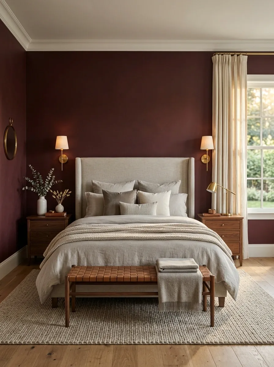 Sophisticated Burgundy Bedroom With Greige