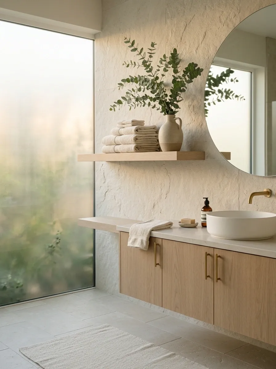 Spa-Inspired Bathroom With Stone, Linen, and Greenery