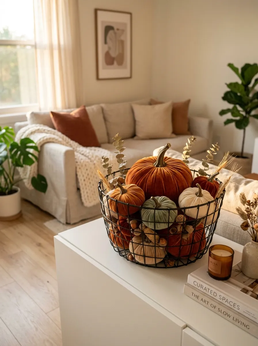 Stack Mini Velvet Pumpkins Inside a Wire Basket