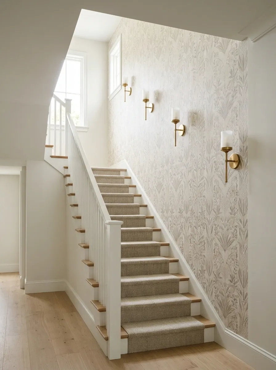 Staircase With Wallpapered Feature Wall and Brass Lighting