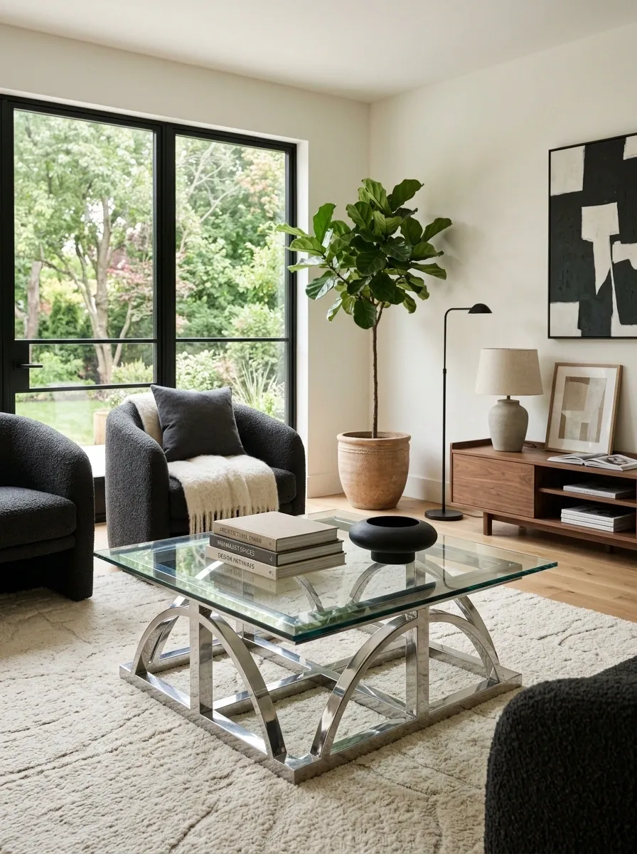 Start With a Chrome Coffee Table and Keep the Rest of the Room Soft