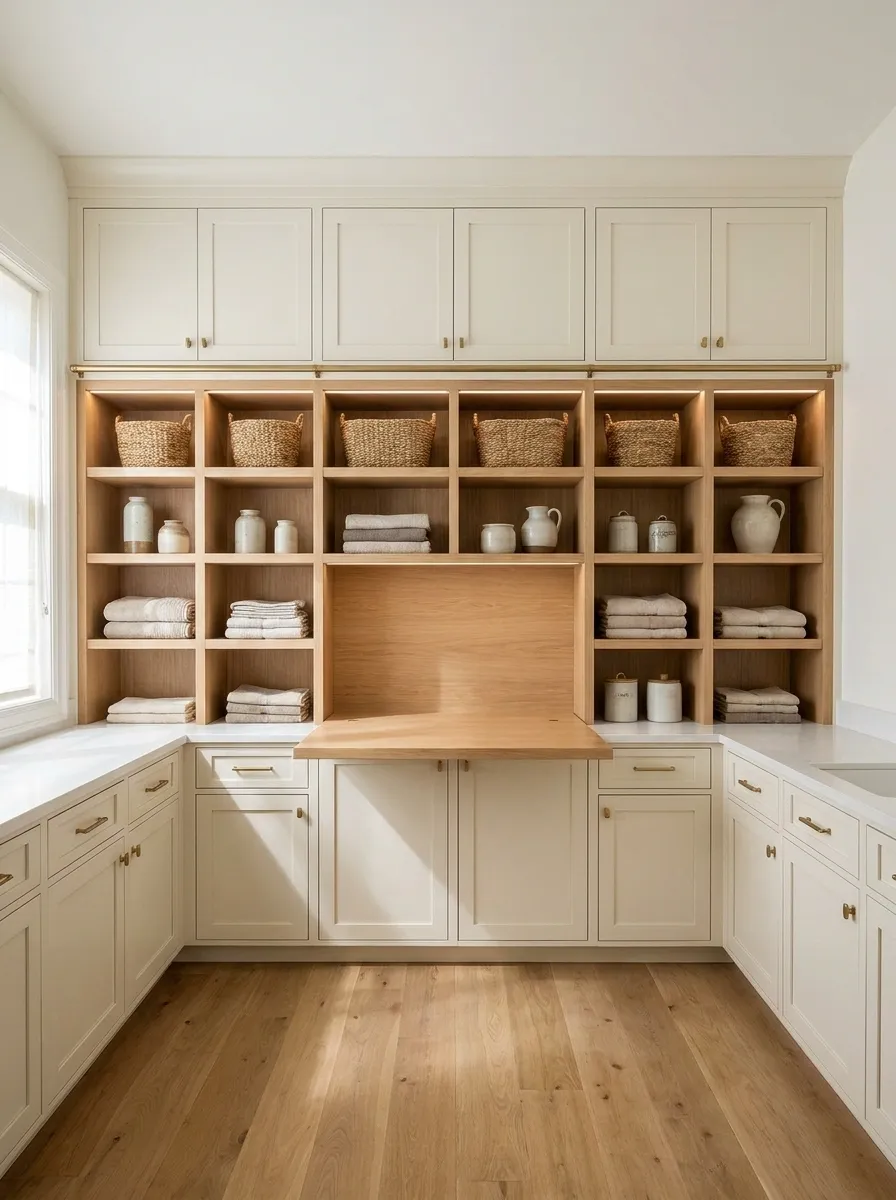 Statement Laundry Room With Full-Wall Custom Shelving