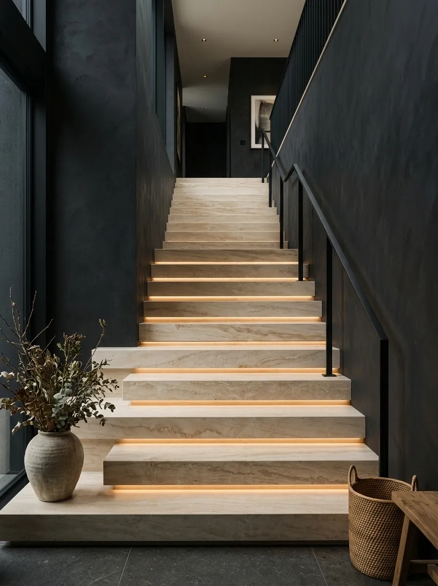 Stone-Tread Staircase With Black Architectural Walls