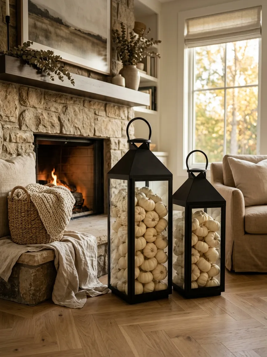 Stuff Lanterns with Mini White Pumpkins