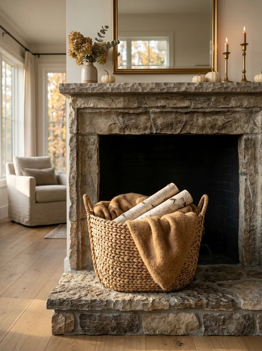 Style a Textured Woven Basket Below the Firebox