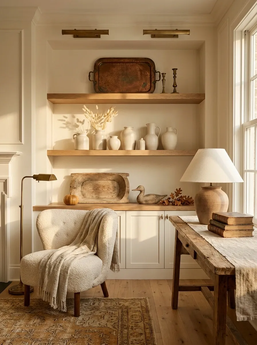 Style Open Shelves With Copper, Ceramic, and Faded Wood