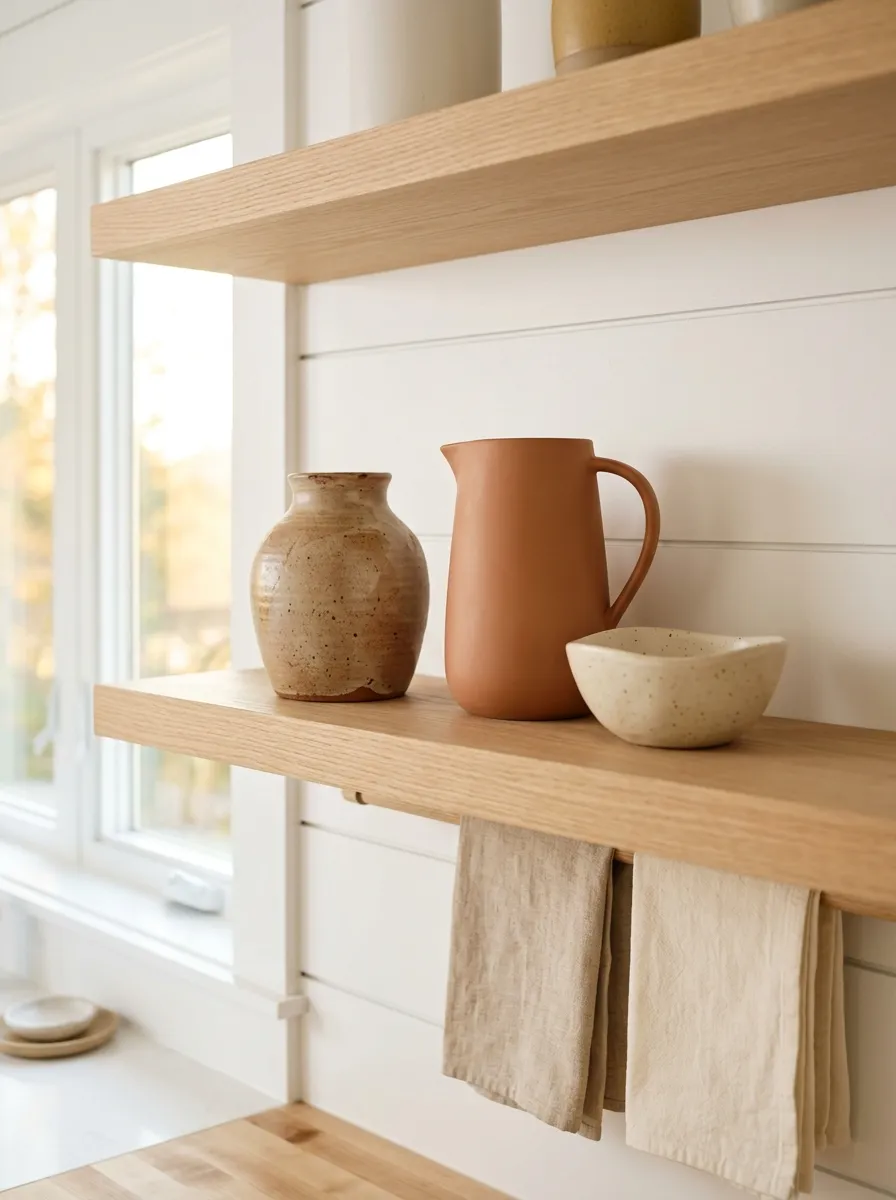 Style Open Shelving With Warm Ceramic Pieces