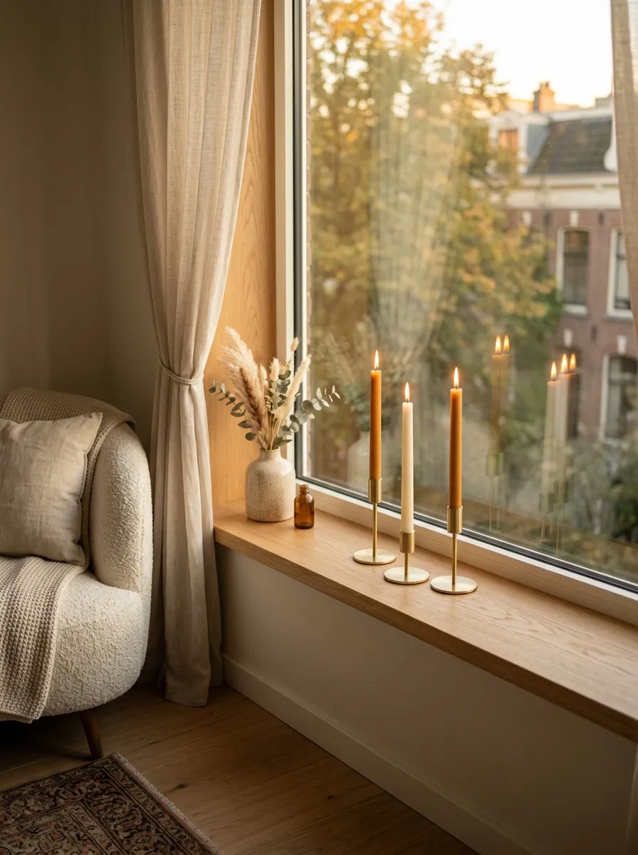 Style Window Sills with Low-Profile Brass Candleholders