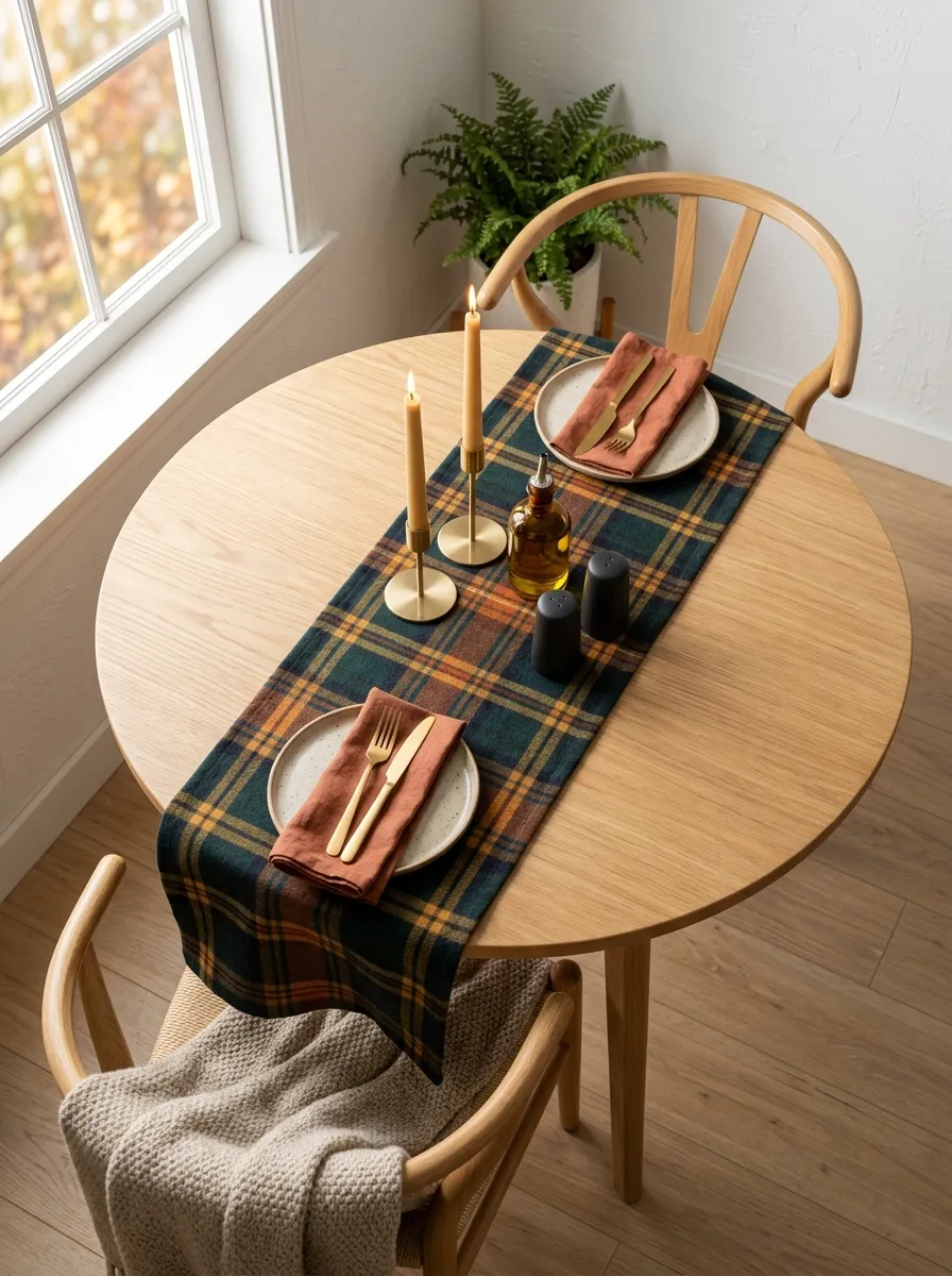 Swap Bright Dining Mats for Dark Plaid Table Runners
