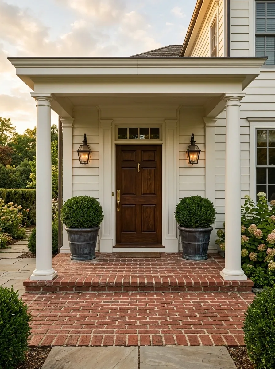 Symmetrical Boxwood Pots on a Brick Porch