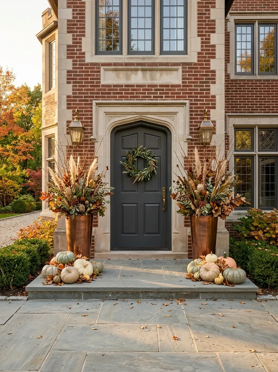 Symmetrical Fall Entry With Tall Copper Planters