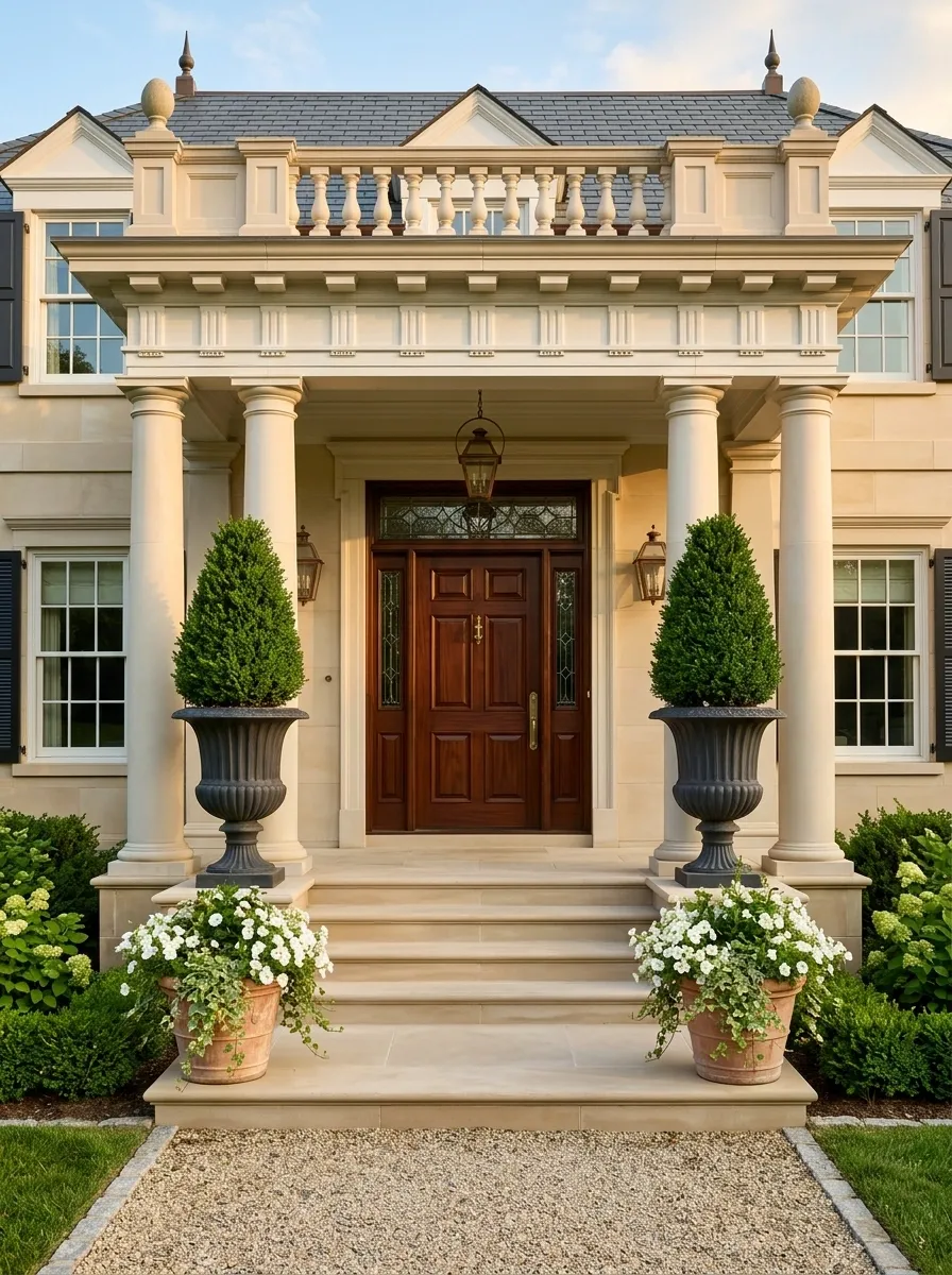 Symmetrical Porch With Tall Plants and Low Flower Pots