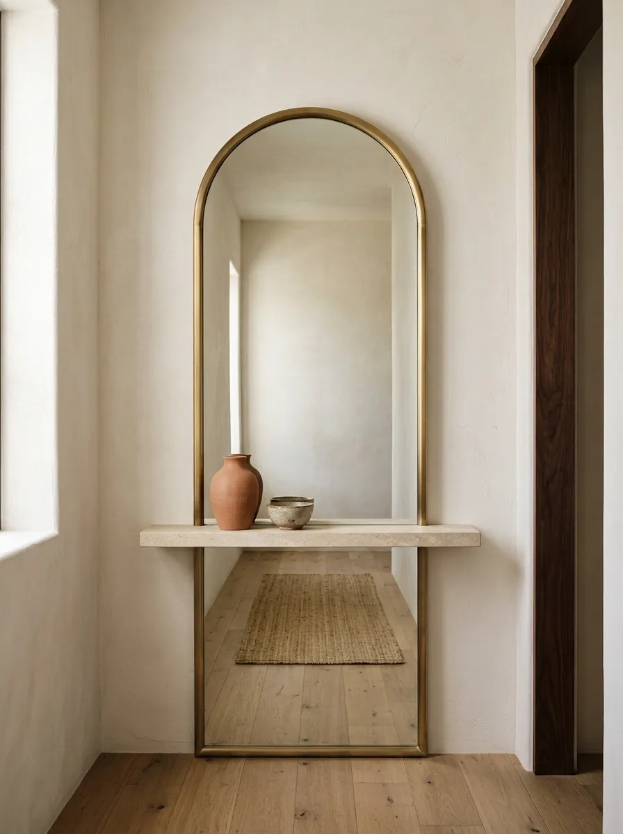 Tall Arched Mirror With a Narrow Stone Shelf